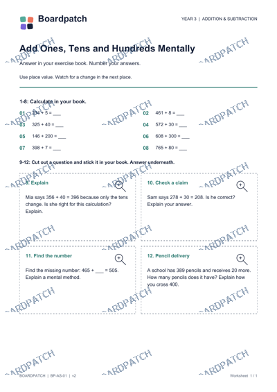 Worksheet preview: Add Ones, Tens and Hundreds Mentally