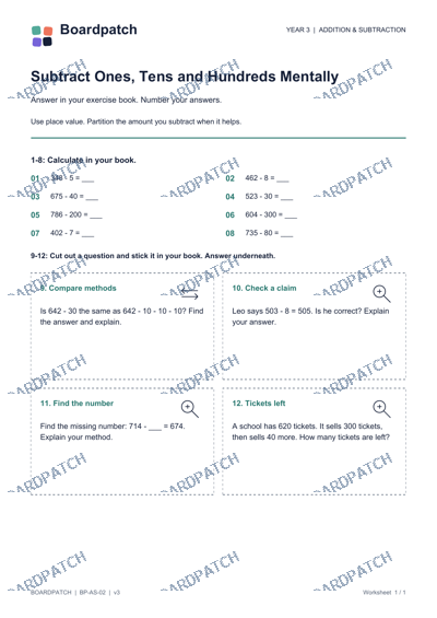 Worksheet preview: Subtract Ones, Tens and Hundreds Mentally