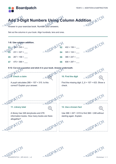 Worksheet preview: Add 3-Digit Numbers Using Column Addition