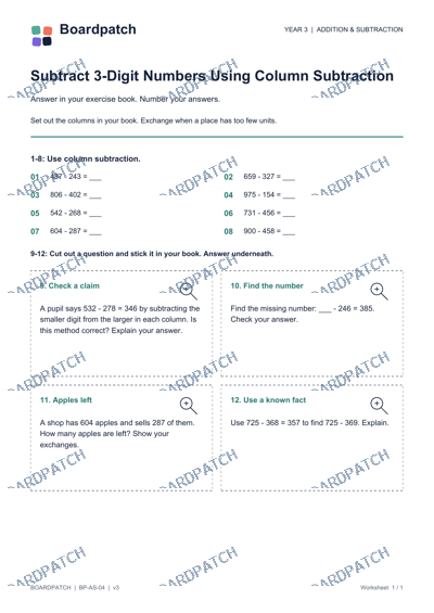 Worksheet preview: Subtract 3-Digit Numbers Using Column Subtraction