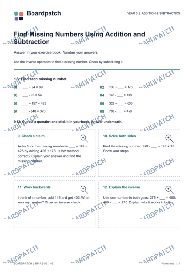 Worksheet preview: Find Missing Numbers Using Addition and Subtraction
