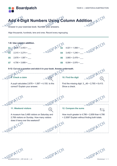 Worksheet preview: Add 4-Digit Numbers Using Column Addition