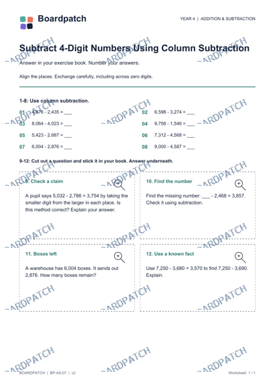 Worksheet preview: Subtract 4-Digit Numbers Using Column Subtraction