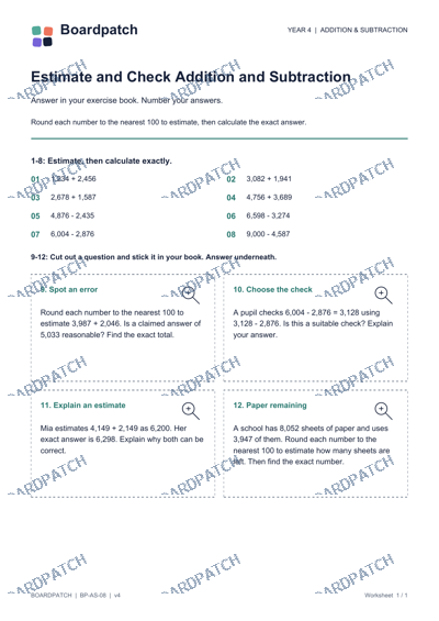 Worksheet preview: Estimate and Check Addition and Subtraction