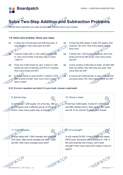 Worksheet preview: Solve Two-Step Addition and Subtraction Problems