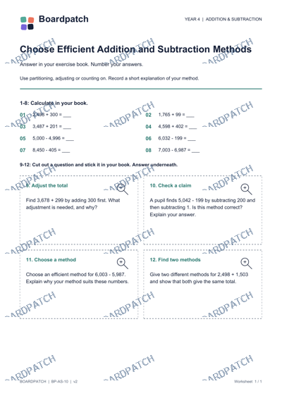 Worksheet preview: Choose Efficient Addition and Subtraction Methods