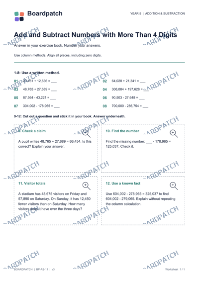 Worksheet preview: Add and Subtract Numbers with More Than 4 Digits