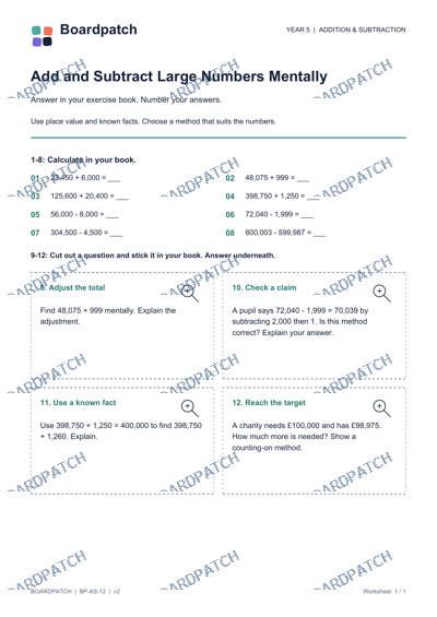 Worksheet preview: Add and Subtract Large Numbers Mentally