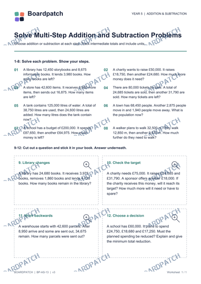 Worksheet preview: Solve Multi-Step Addition and Subtraction Problems