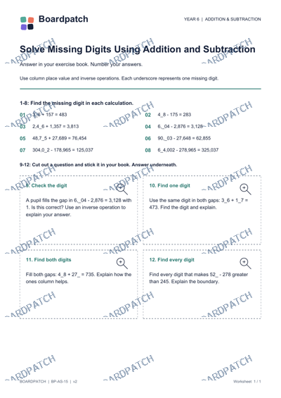 Worksheet preview: Solve Missing Digits Using Addition and Subtraction