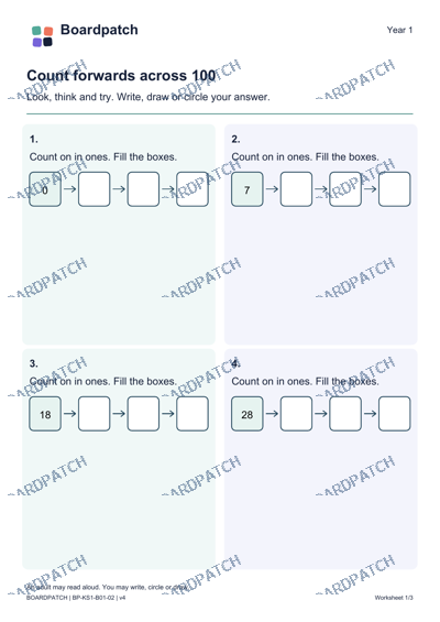 Worksheet preview: Count forwards across 100