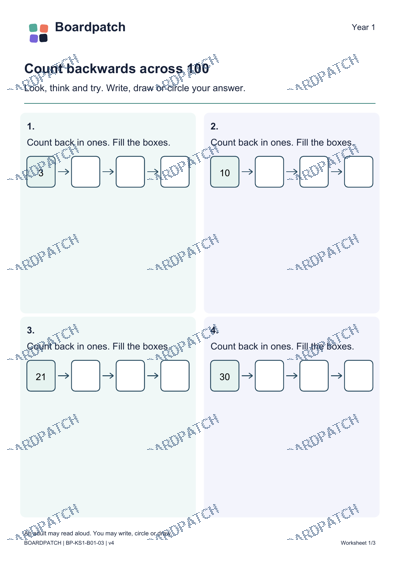 Worksheet preview: Count backwards across 100