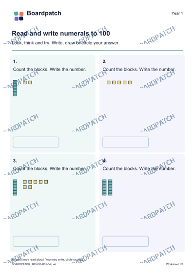 Worksheet preview: Read and write numerals to 100