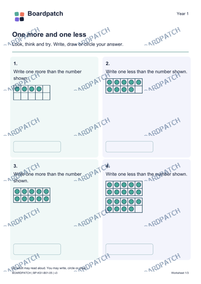 Worksheet preview: One more and one less