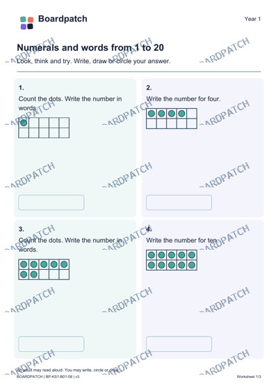 Worksheet preview: Numerals and words from 1 to 20