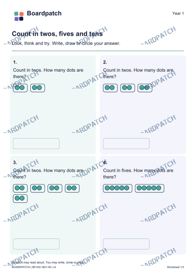 Worksheet preview: Count in twos, fives and tens