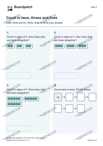 Worksheet preview: Count in twos, threes and fives
