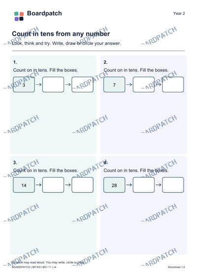 Worksheet preview: Count in tens from any number