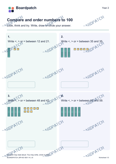 Worksheet preview: Compare and order numbers to 100