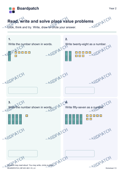Worksheet preview: Read, write and solve place value problems