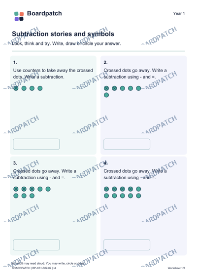 Worksheet preview: Subtraction stories and symbols
