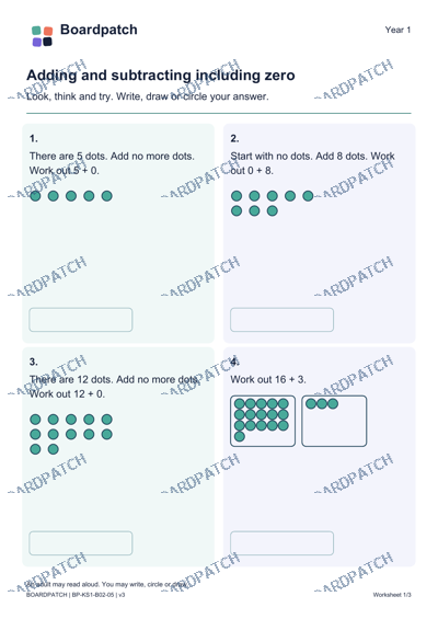 Worksheet preview: Adding and subtracting including zero