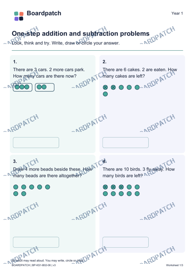 Worksheet preview: One-step addition and subtraction problems