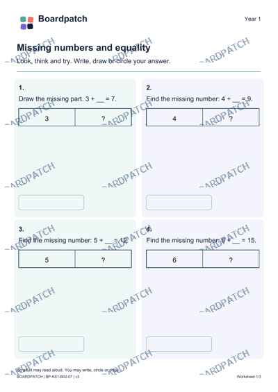 Worksheet preview: Missing numbers and equality
