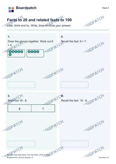 Worksheet preview: Facts to 20 and related facts to 100