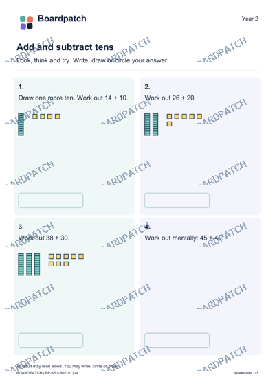 Worksheet preview: Add and subtract tens
