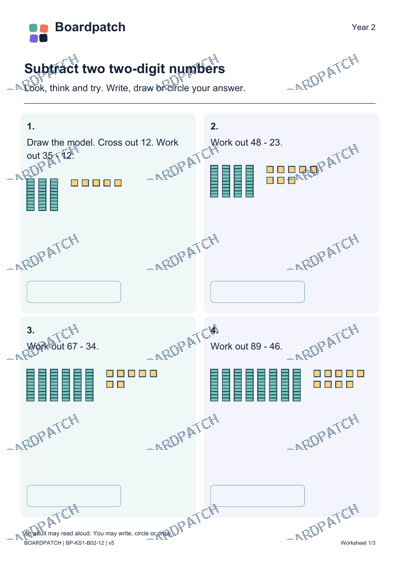 Worksheet preview: Subtract two two-digit numbers