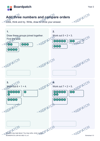 Worksheet preview: Add three numbers and compare orders