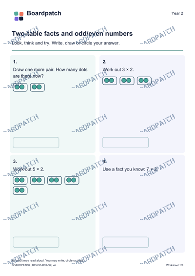 Worksheet preview: Two-table facts and odd/even numbers