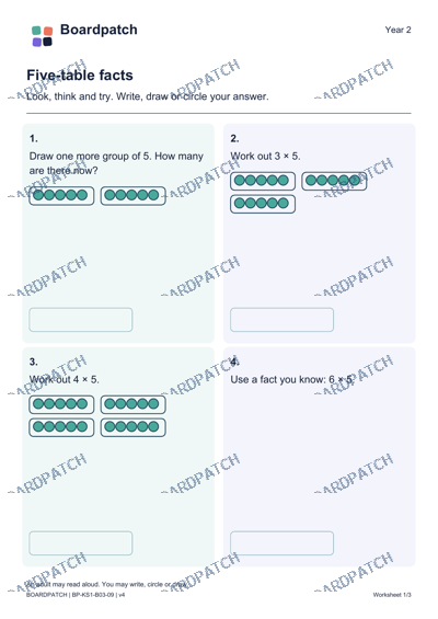 Worksheet preview: Five-table facts