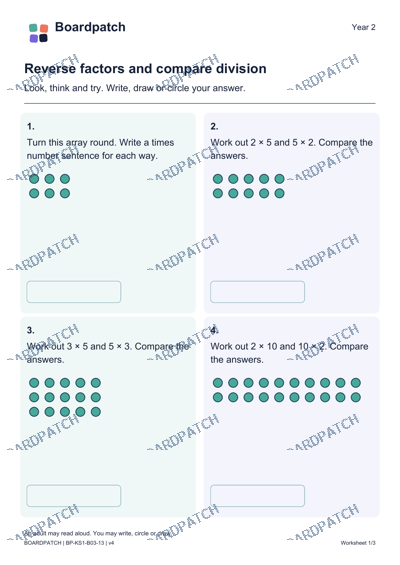 Worksheet preview: Reverse factors and compare division