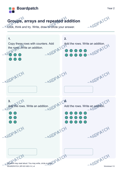 Worksheet preview: Groups, arrays and repeated addition
