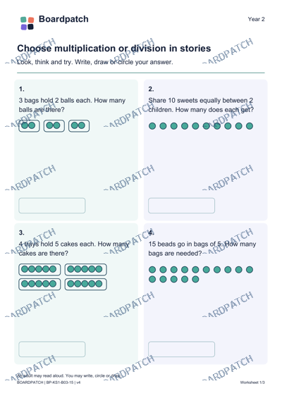 Worksheet preview: Choose multiplication or division in stories