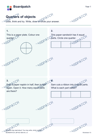 Worksheet preview: Quarters of objects