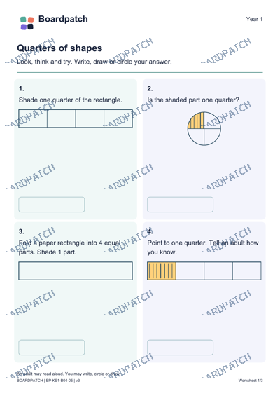 Worksheet preview: Quarters of shapes