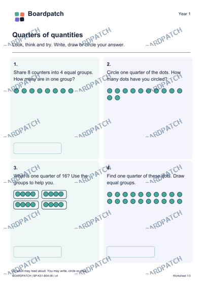 Worksheet preview: Quarters of quantities