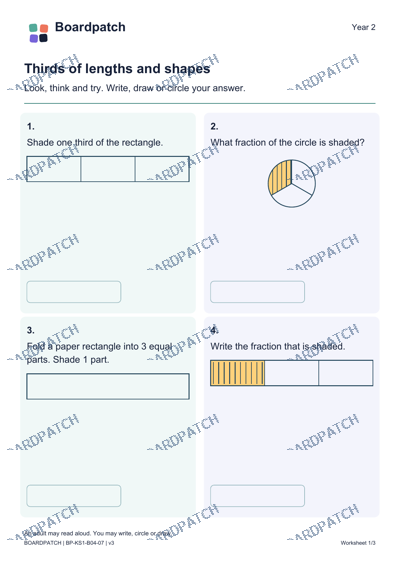 Worksheet preview: Thirds of lengths and shapes