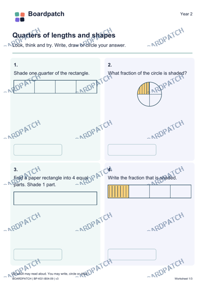 Worksheet preview: Quarters of lengths and shapes