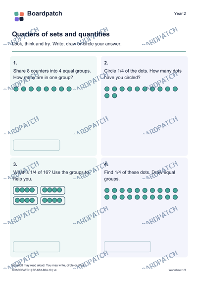 Worksheet preview: Quarters of sets and quantities