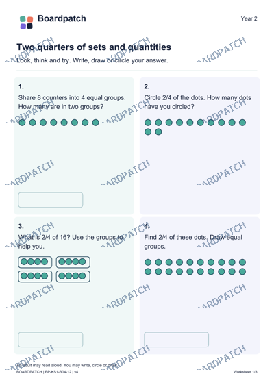 Worksheet preview: Two quarters of sets and quantities