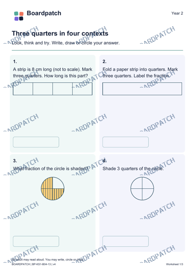 Worksheet preview: Three quarters in four contexts