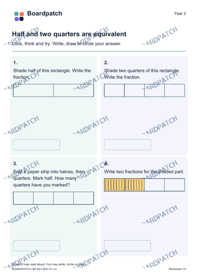 Worksheet preview: Half and two quarters are equivalent