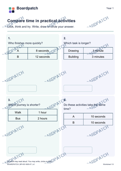 Worksheet preview: Compare time in practical activities