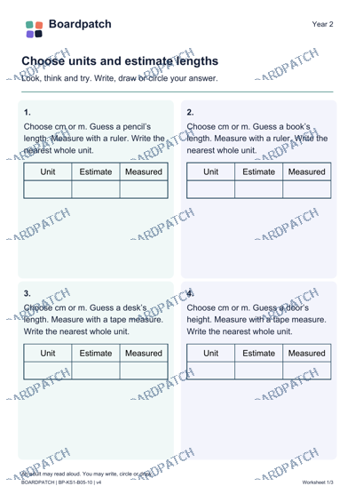 Worksheet preview: Choose units and estimate lengths