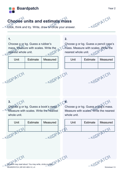 Worksheet preview: Choose units and estimate mass