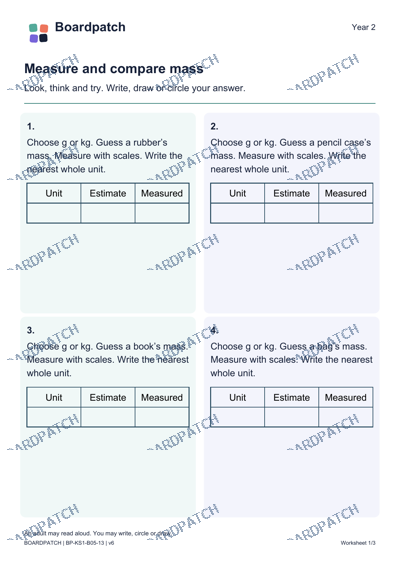 Worksheet preview: Measure and compare mass